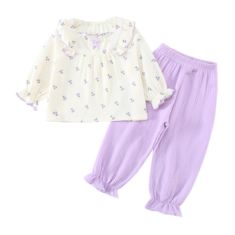 女童春秋纯棉印花方领家居服套装
