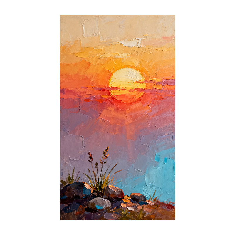 可班手绘油画落日湖畔玄关装饰画