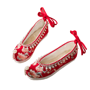 古色江南汉服鞋子女冬加绒平底古装香槟色绣花鞋中式秀禾婚鞋软底