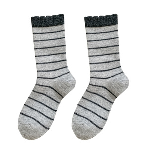 秋冬加厚条纹花边羊毛袜子女中筒保暖长袜堆堆袜日系毛绒棉袜百搭