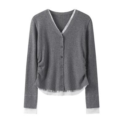 设计感蕾丝拼接V领针织开衫