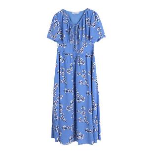 240斤胖妞甜美碎花通勤复古胖莹莹大码女装显瘦收腰V领长款连衣裙