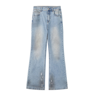 REMOULD 2025年春季新款原创设计浅蓝泼墨涂脏高腰微喇牛仔女长裤