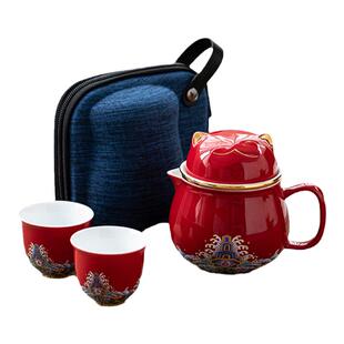 国潮风女士快客杯一壶二杯便携式旅行户外功夫茶具陶瓷泡茶壶套装