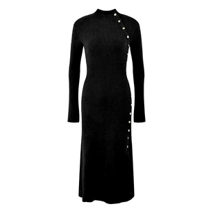 DPLAY2025年秋季新款黑色连衣裙女修身针织裙子纽扣开叉设计长裙