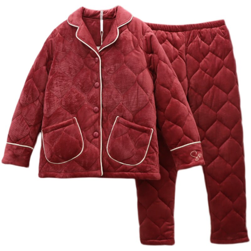 特价清仓正品安之伴睡衣女冬款珊瑚绒夹棉加绒加棉加厚家居服套装