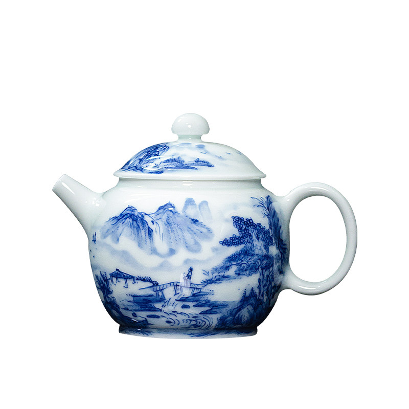 诚德轩景德镇茶壶青花瓷泡茶壶家用手绘山水陶瓷小单壶带过滤茶壶
