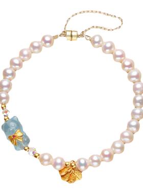 珍珠海蓝宝小熊手链女可定制刻字