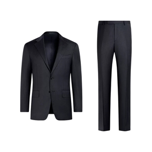 26早春新品SUITSUPPLY藏青色S130支羊毛混纺条纹合体身型西装套装