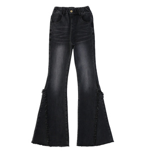 女童裤子春秋款2025新款中大儿童黑色喇叭裤初中生女孩微喇牛仔裤