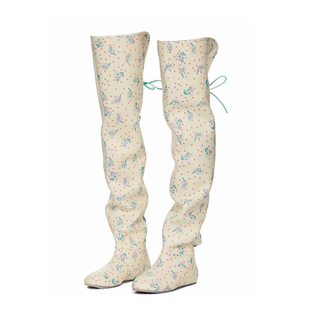 jennie同款小兔子印花过膝长靴2025秋冬新款大筒围平底绑带时装靴