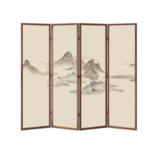 新中式实木移动折叠屏风隔断办公室门口酒店会客厅群山环抱山水画