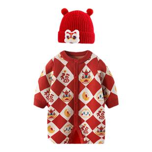婴儿秋冬拜年衣服男宝宝连体衣红色加绒满月喜庆新年过年周岁服女