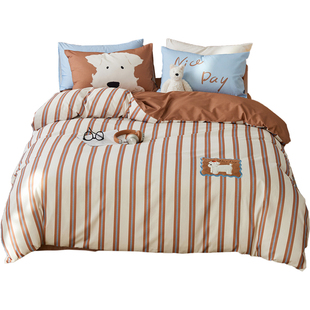 多喜爱磨毛四件套全棉秋冬三件套复古条纹被套卡通床品新年礼物