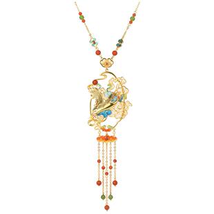 仙鹤祥云银鎏金吊坠非遗手工花丝镂空珐琅彩流苏长款新中式银项坠