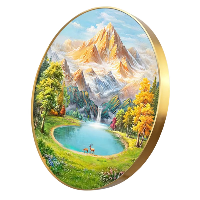 手绘油画玄关装饰画欧式美式轻奢山水画圆形风景金山聚宝盆大芬村