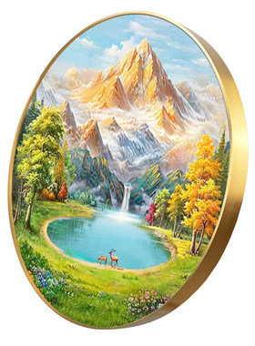 手绘油画玄关装饰画轻奢新中式山水风景画圆形金山聚宝盆大芬村
