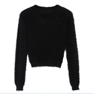 BERAN 复古可爱多色毛茸茸羽毛纱圆领高腰短款露脐长袖针织上衣