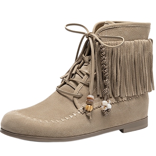 natursun游牧风驼铃靴女2025冬季新款流苏短靴美拉德中筒靴春季