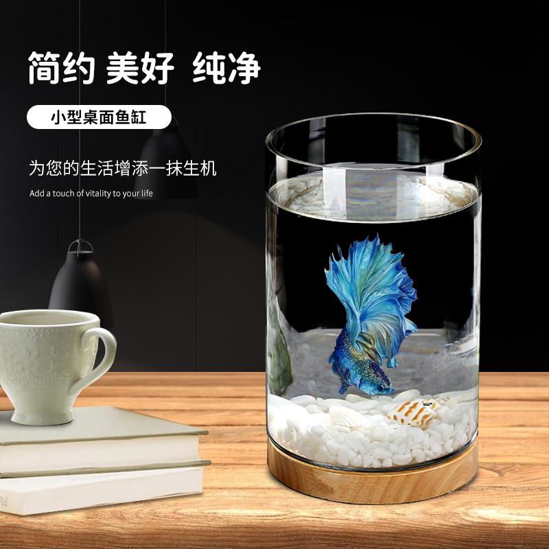 斗鱼缸迷你小型玻璃鱼缸造景桌面带灯圆柱缸办公室生态瓶微景观鱼