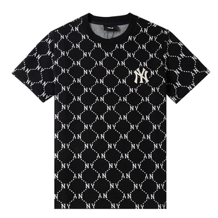 MLB老花满印短袖男女情侣NY复古圆领休闲运动半袖T恤3ATSM0143