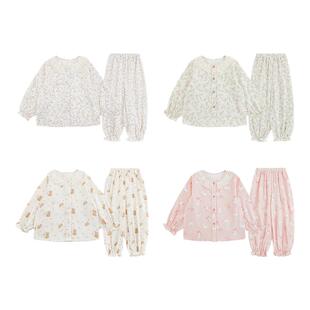 幼悠女童动物印花家居服套装春季甜美可爱拼接花边领睡衣两件套潮