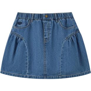eland kids衣恋童装女童半身裙夏季学院风刺绣裙子时尚复古牛仔裙