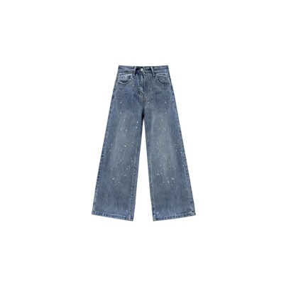 加绒加厚满天星爆闪烫钻牛仔裤女2026冬季高腰宽松直筒显瘦阔腿裤