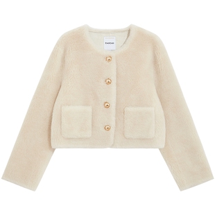 bebe2025秋冬新款女士气质小香风圆领羊毛质感仿皮草外套402112