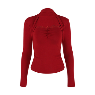 韩语琳 气质名媛红色假两件蕾丝领长袖上衣高级感别致小众打底衫