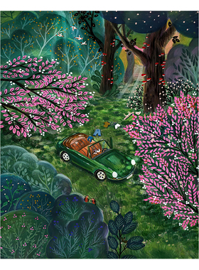 无框画Abbie春日森林插画繁花密林绿色复古餐厅卧室客厅装饰挂画