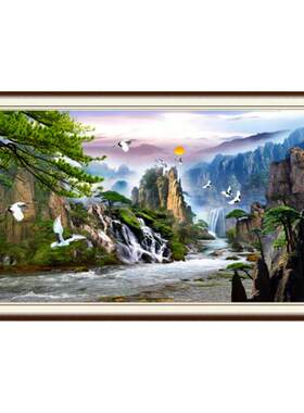 山水画十字绣流水生财迎客松大幅