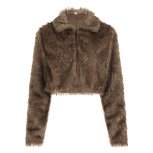 H家欧美女装 千禧复古毛毛拼接皮革短裙低腰辣妹性感棕色半身裙潮