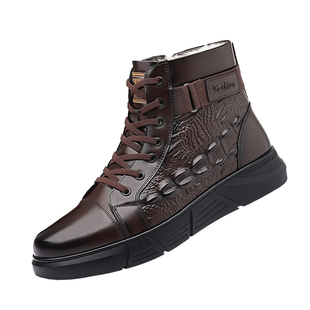 马丁靴男款冬季加绒高帮鳄鱼纹真皮羊毛靴子头层牛皮保暖雪地棉鞋