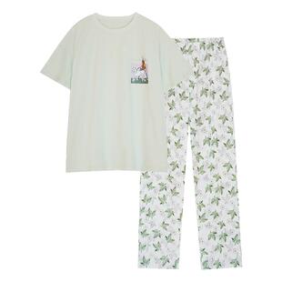 帝日斯诺睡衣女夏季薄款全棉家居服套装圆领短袖长裤可外穿两件套