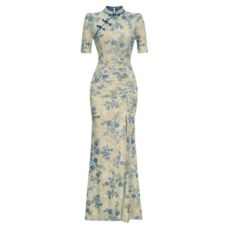 尤克菲儿 轻奢高定网布植绒烫金印花立领收腰开叉新中式气质旗袍