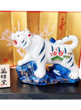 药师窑陶瓷染锦招福松竹寅虎摆件
