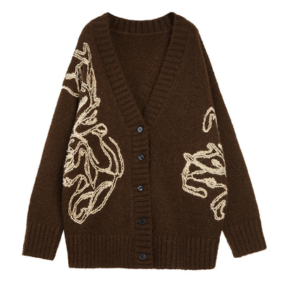 ELLE复古绣花V领针织开衫