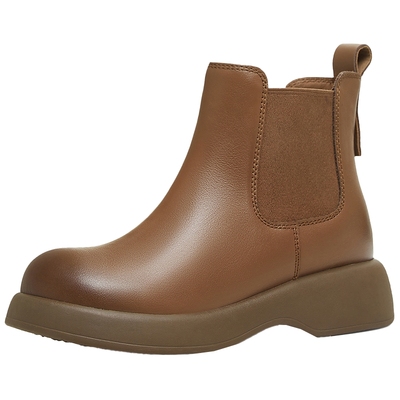 天美意复古厚底英伦切尔西靴加绒瘦瘦靴女时装靴皮短靴2025冬新款