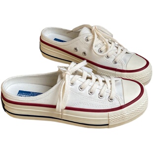 厚底帆布鞋半拖女鞋小白鞋女2026春新款无后跟一脚蹬半踩懒人鞋女