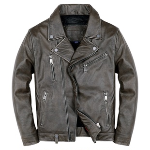 复古做旧真皮皮衣青年男士修身短款机车皮夹克立领单皮时尚外套潮
