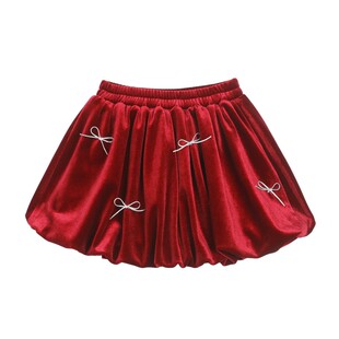 NORNOR 女童红色半身裙2025冬季新年短裙好看洋气儿童丝绒花苞裙