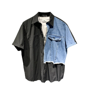 TELINLU小众设计男士牛仔拼接短袖衬衫2025夏季新款宽松痞帅衬衣