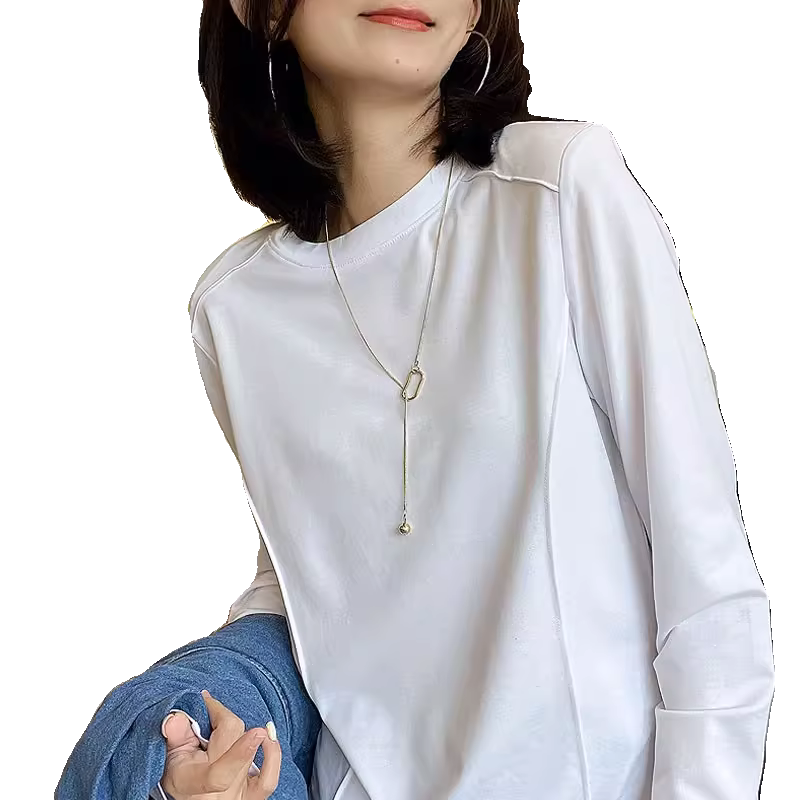 2024年新款白色t恤女长袖宽肩打底衫纯棉纯色宽松圆领上衣加绒
