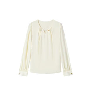 爱居兔法式长袖雪纺女秋季气质减龄圆领镂空衬衫上衣