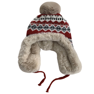 赵露思同款红色费尔岛提花毛绒雷锋帽女秋冬保暖护耳针织毛线帽子