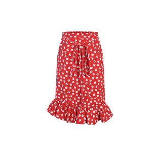 JAMUUS韩系度假风气质红色碎花鱼尾半身裙女浪漫荷叶边清新裙子