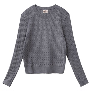 马登灰色短款圆领套头修身绞花细针织衫毛衣打底内搭上衣女士秋冬