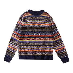 LifeCycle复古费尔岛花纹圆领套头保暖毛衣巴恩风羊毛针织衫男女