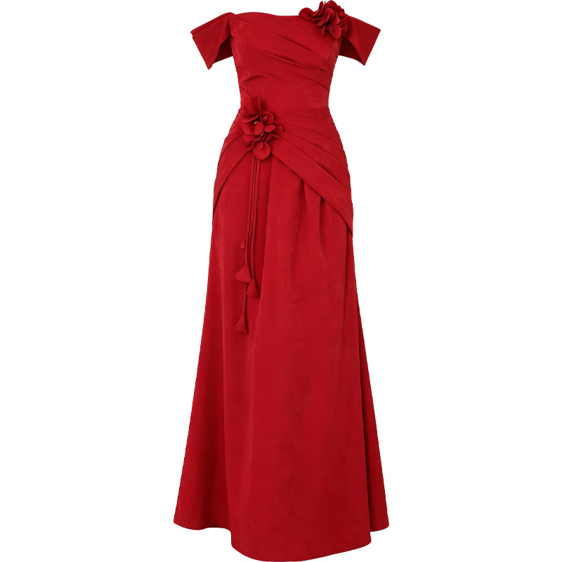 艾诗霓《热恋》一字肩红色订婚礼服结婚新娘敬酒服晨袍连衣裙红色